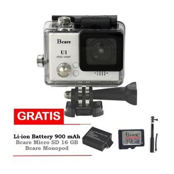 Bcare Action Camera U-1 12 MP FHD 1080P - Silver + Gratis MicroSD 16 GB Class 10 + Monopod + Battery 900 mAh  