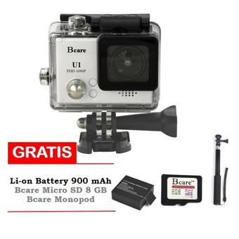 Bcare Action Camera U-1 12 MP FHD 1080P - Silver + Gratis MicroSD 8 GB + Monopod + Battery  