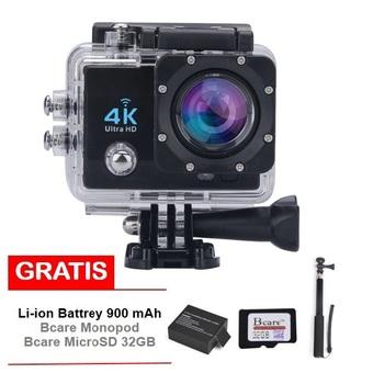Bcare Action Camera -X-3 WiFi - 16MP - FHD 4K - Sony Sensor - Waterproof 30m 2 inch - Hitam + Gratis Bcare SD Card 32 GB Class 10+ Li-ion Battery 900 mAh + Monopod  