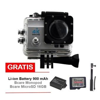 Bcare Action Camera -X-3 WiFi - 16MP - Silver + Gratis Bcare SD Card 16 GB Class 10 + Monopod +Battery 900 mAh  