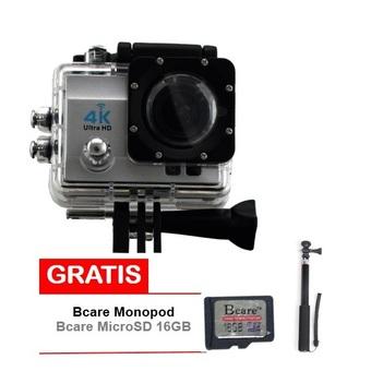 Bcare Action Camera -X-3 WiFi - 16MP - Silver + Gratis Bcare SD Card 16 GB Class 10 + Monopod  
