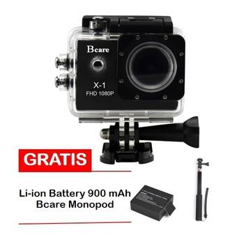 Bcare B-Cam X-1 Action Camera - 12 MP - Hitam + Gratis Battery 900 mAh + Monopod  