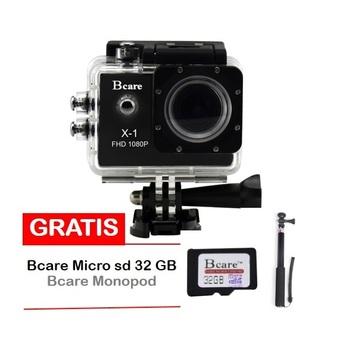 Bcare B-Cam X-1 Action Camera - 12 MP - Hitam + Gratis Micro SD 32 GB Class 10+ Monopod  