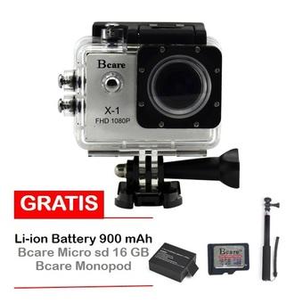 Bcare B-Cam X-1 Action Camera - 12 MP - Silver + Gratis Micro SD 16 GB + Monopod + Battery 900 mAh  