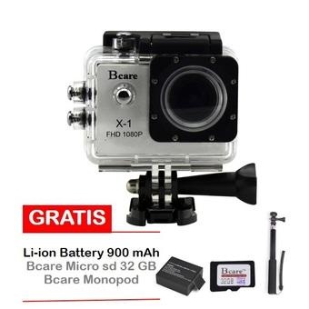 Bcare B-Cam X-1 Action Camera - 12 MP - Silver + Gratis Micro SD 32 GB + Monopod + Battery 900 mAh  