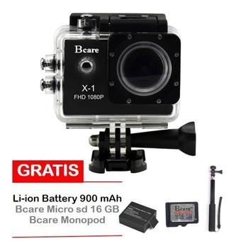 Bcare X-1 Action Camera - 12 MP - Hitam + Gratis Micro SD 16 GB Class 10 + Monopod + Battery 900 mAh  