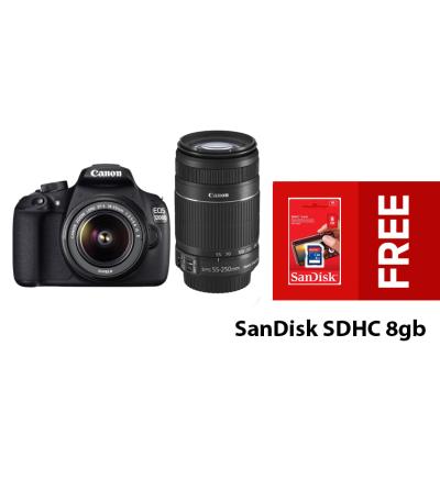 Canon EOS 1200D Double Kit 18-55mm IS II + 55-250mm IS II - Hitam + Sandisk SDHC 8gb