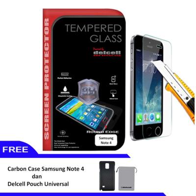 Delcell Tempered Glass Screen Protector for Samsung Note 4 + Carbon Case Samsung Note 4 + Delcell Pouch Universal