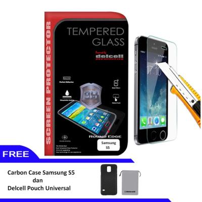 Delcell Tempered Glass for Samsung S5 + Carbon Case Samsung S5 + Delcell Pouch Universal