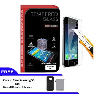 Delcell Tempered Glass for Samsung S6 + Carbon Case Samsung S6 + Delcell Pouch Universal