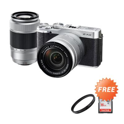 Fujifilm X-A2 kit 16-50mm and 50-230mm OIS II Silver Kamera Mirrorless + Memory 16 GB Ultra + Filter UV 58mm + Anti Gores LCD