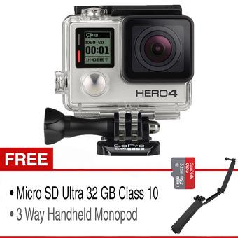 GoPro Hero 4 - 12 MP - Silver Edition Combo Kit (+ 3 Way Handheld Monopod & Micro SD Ultra 32 GB Class 10)  