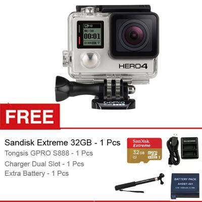 GoPro Hero 4 Black Edition Action Camera + Sandisk Extreme 32 GB + Charger ADHBT-401 + Tongsis GPRO S-888 + Baterai