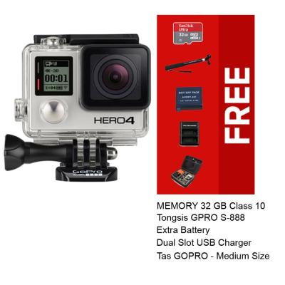 GoPro Hero 4 Silver Edition, Free Sandisk Micro SD 32GB+Tongsis GPRO+Tas Gopro Medium+Extra Battery & Charger Gopro