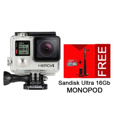 GoPro Hero 4 - Silver +Monopod Fotopro+Memory Sandisk Ultra 16GB class 10