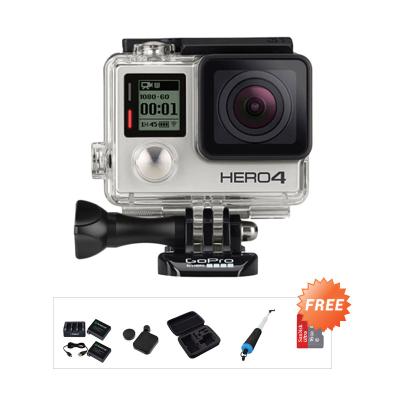GoPro Hero4 Action Cam - Silver + Free Ultra 16 + 3rd Party Medium Case + 3rd Party pole Evo + Smatree Battery Pack + 3rd Party