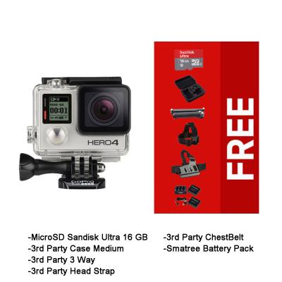 GoPro Hero4 Silver ActionCam (GoPro Hero4 Silver + Ultra 16 + Medium Case + 3 way 3rd party + 3rd Party HeadStrap + 3rd Party Chest Belt + Smatree Battery Pack)