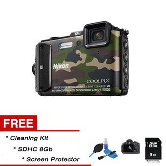 Nikon Coolpix AW130 - 16 MP - Army + Gratis SDHC 8gb + Screen Protector + Cleaning Kit  
