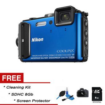 Nikon Coolpix AW130 - 16 MP - Biru + Gratis SDHC 8gb + Screen Protector + Cleaning Kit  