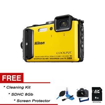 Nikon Coolpix AW130 - 16 MP - Kuning + Gratis SDHC 8gb + Screen Protector + Cleaning Kit  