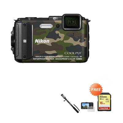 Nikon Coolpix AW130 Camouflage Kamera Pocket [16 MP] + SanDisk Extreme SDHC [90 Mbps/16 GB] + Tongsis + Anti Gores