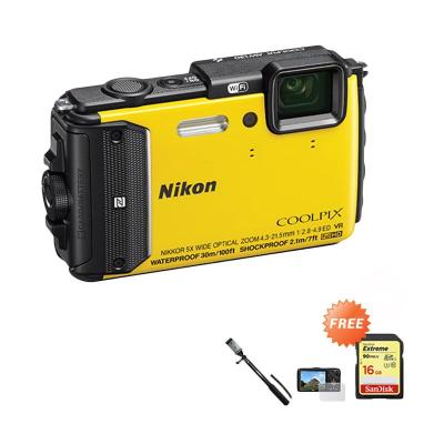 Nikon Coolpix AW130 Kuning Kamera Pocket [16 MP] + SanDisk Extreme SDHC [90 Mbps/16 GB] + Tongsis + Anti Gores