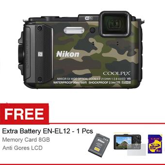 Nikon Coolpix AW130 Waterproof Wifi Camera ARMY - 16.1MP - 5x Optical Zoom - Gratis SDHC 8GB + Anti Gores LCD + Extra Battery EN-EL12  