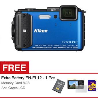 Nikon Coolpix AW130 Waterproof Wifi Camera BLUE - 16.1MP - 5x Optical Zoom - Gratis SDHC 8GB + Anti Gores LCD + Extra Battery EN-EL12  