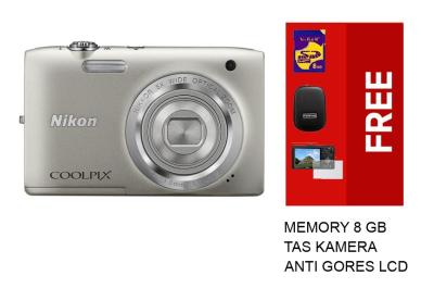 Nikon Coolpix S-2900 - 20 MP - 5x Optical Zoom - Silver + Gratis Memory 8 GB + Anti Gores LCD + Tas Kamera