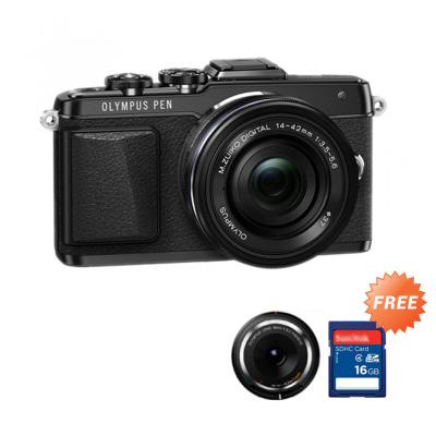 Olympus PEN E-PL7 Kit Lensa 1442R B/G Black Kamera Mirroless + Lensa Fisheye BCL-0980 + SDHC 16 GB Class 10