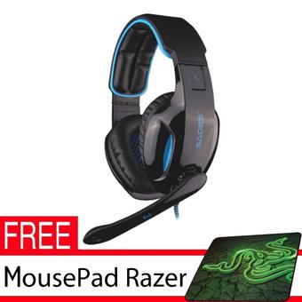 Sades SA902 Snuk Headset Gaming Over Ear With Blue LED Mic Remote + Gratis MousePad Gaming Razer  