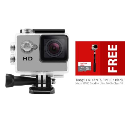 Sport Cam Combo Supreme A8 2 Inch LCD Waterproof Action Camera (Like SJ4000/KoGan) + Tongsis Attanta SMP-07 + Micro SDHC Sandisk 16 Gb - Silver