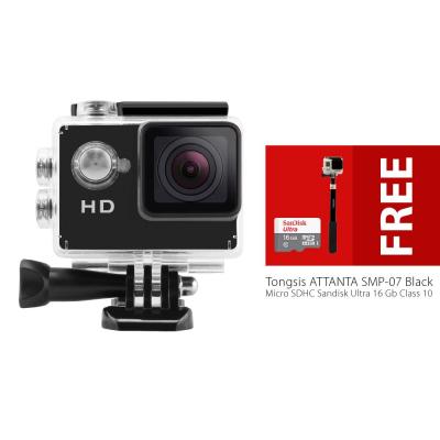 Sport Cam Combo Supreme A8 2 Inch LCD Waterproof Action Camera (Like SJ4000/KoGan) + Tongsis Attanta SMP-07 + Micro SDHC Sandisk 16 Gb - Hitam
