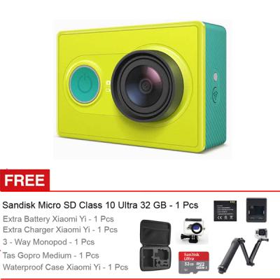Xiaomi Yi Basic Hijau Action Camera [16 MP] + Waterproof Case + Sandisk 32 GB + 3-Way Monopod + Tas Medium + Battery + Charger