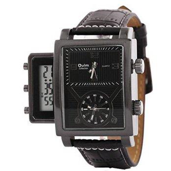 [poledit] Oulm Mens Dual Display Three Time Zones Watch with Leather Band - White (R1)/13108958