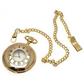 [worldbuyer] AEW Gold coloured half hunter quartz pocket watch and chain/1346459