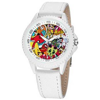 [worldbuyer] Kezzi Unisex Teens K1157 Graffiti Dial Quartz Analog White Leather Wrist Watc/555487