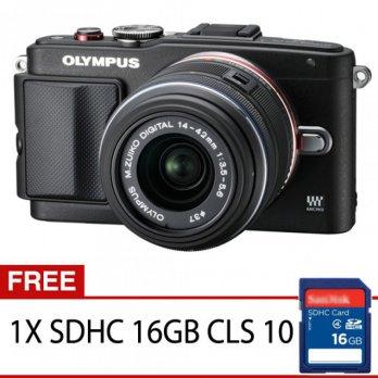 Olympus PEN E-PL6 Mirrorless Kamera Kit Lensa 14 - 42mm R (G) + Gratis SDHC 16GB CLS 10-Black/Black