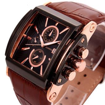 2098D Men's Sports Fashion Leather Strap Rectangular Dial Watch Black And Gold (Intl)  