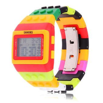 360DSC Block Brick Wrist Watch Silicone Band with LED Night Lights Orange/Red  