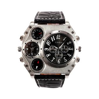 360WISH Oulm HP1349 Men’s Dual Movement Quartz Analog Leather Wrist Watch with Decorative Thermometer & Compass & Sub-dials (Black)  