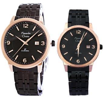Alexandre Christie Couple Watch Jam Tangan Couple - Hitam Rosegold - Strap Stainless Steel - 8424  