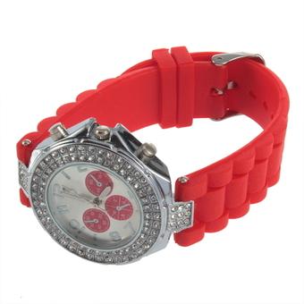 Allwin Charm Crystal Unisex Sport Jelly Silicone Strap Watch Rhinestone Wristwatch Red  