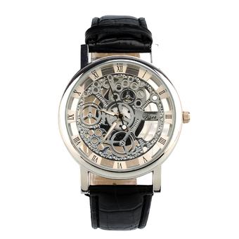Aukey Skeleton Design Leather Band Wrist Watch(Black)  