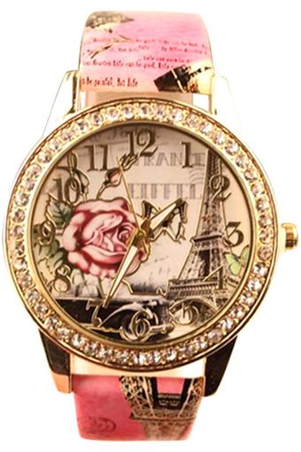 BlueLans Pink Faux Leather Eiffel Tower Rose Printed Rhinestone Wrist Watch  
