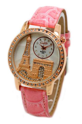 Bluelans Eiffel Tower Crystal Faux Leather Quartz Wrist Watch Pink  