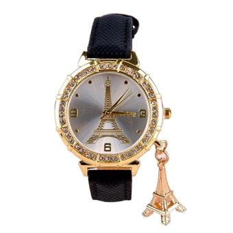 Bluelans Eiffel Tower Rhinestone Women's Black Leather Strap Watch  