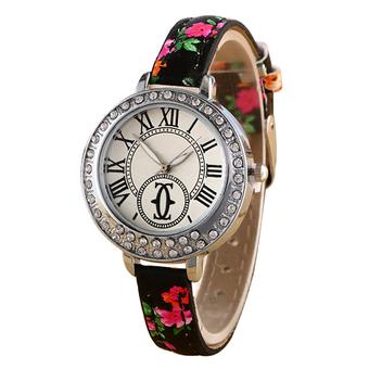 Bluelans Fashion Roman Numerals Slim Faux Leather Rhinestone Inlaid Wrist Watch Black  