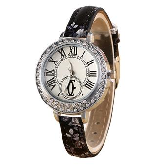 Bluelans Roman Numerals Slim Faux Leather Rhinestone Inlaid Wrist Watch Black  