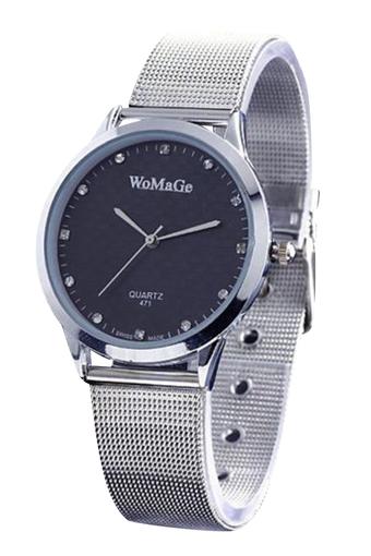 Bluelans Silver Case Black Dial Stainless Steel Quartz Wrist Watch  